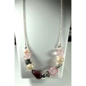 SAQ Vintage Necklace Silver Tone Faux Pearl Pink Faceted Beads Butterfly Spacer